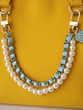 Double Layer Pearl & Sky Blue Chain Bag Charm Keychain with Floral Accent